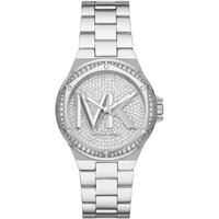 Silver Michael Kors MK7234 Lennox ladies watch with crystal-studded dial and large MK logo.