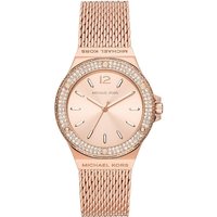 Rose gold Michael Kors women's watch with mesh band, crystal-studded bezel, and minimalist dial with baton markers.