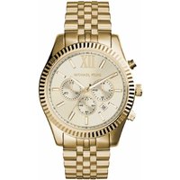 Gold Michael Kors MK8281 Lexington men's watch with Roman numerals, chronograph dials, and link bracelet.