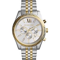 Michael Kors MK8344 men's chronograph watch, silver and gold-tone bracelet, white dial, gold Roman numerals.