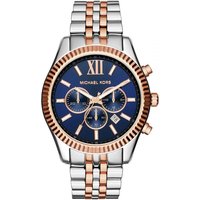 Two-tone Michael Kors watch with blue dial, rose gold accents, Roman numeral XII, and three subdials.