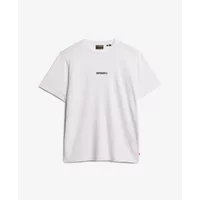 White Superdry T-shirt with small black logo on chest, short sleeves, and crew neckline.