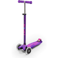 Purple Micro Scooter Maxi Deluxe with LED wheels, adjustable T-bar, and anti-slip deck.