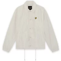 White mid-length Lyle & Scott Coach jacket with button front, collar, and yellow eagle logo on chest.