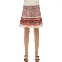 Mini jupe femme Superdry Patchwork, floral and striped patterns, multicolored with lace trim, knee-length.