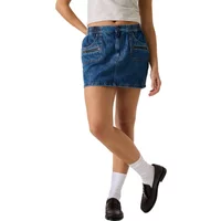 Blue denim mini skirt by Guess with cargo pockets, elastic waistband, and casual fit.