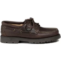 Brown leather moccasins by Aigle with lace-up design, contrast stitching, and rugged rubber sole.