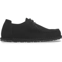 Black suede leather moccasins by Birkenstock with lace-up design and textured sole.