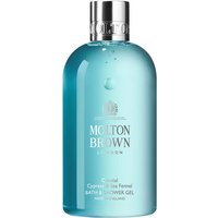 Blue Molton Brown Coastal Cypress & Sea Fennel Bath & Shower Gel, 300 ml, with silver cap and elegant branding.