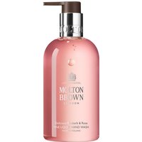 Pink Molton Brown Rhubarb & Rose hand wash bottle with silver pump, 300 ml, elegant label design.