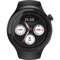 Black Motorola Moto Watch with 1.43" OLED touchscreen, 47 mm case, digital display, and red-accented button.