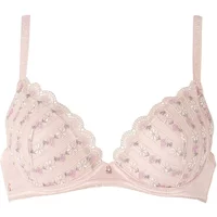 Pink moulded cup bra with scalloped lace trim and floral embroidery, adjustable straps, Brigitte Bardot Feerique.
