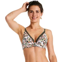 Moulded cup bra with floral pattern, olive green trim, and adjustable straps by Pomm'Poire Seventies.