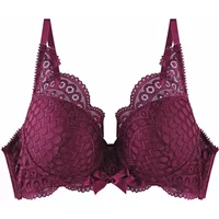 Moulded cup bra for women, burgundy lace with scalloped edges and bow detail, by Pomm'Poire Valentine.