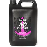 Black 5L Muc-Off No Puncture Hassle Kit with pink and white label, featuring a handle and screw cap.