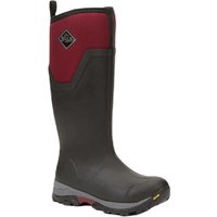 Tall women's wellingtons, dark with wine red upper, rugged sole, Muck Boot logo on side.