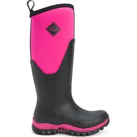 Black and pink tall women's wellies with rugged sole and pull tab, featuring Muck Boot logo.