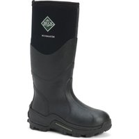 Black Muckmaster Hi waterproof Wellington boots, tall design with rugged sole and green logo on the shaft.