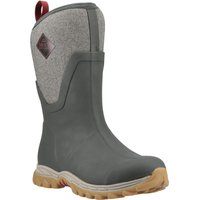 Olive rubber winter boots with herringbone pattern, mid-calf height, tan sole, and red pull tab.