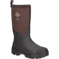 Black and brown high Wellington boots with rugged sole and pull tab, featuring Muck Boots logo on the shaft.