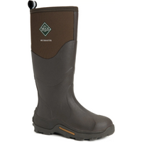 Brown Muckmaster Wellington boot, knee-high with rugged sole, green logo, and pull tab.