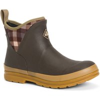 Brown plaid print ankle wellington boots with tan sole and pull tab, Muck Boots logo on side.