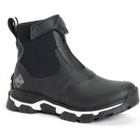 Black and white Muck Boots women's mid zip Wellington with rugged sole and ankle strap.