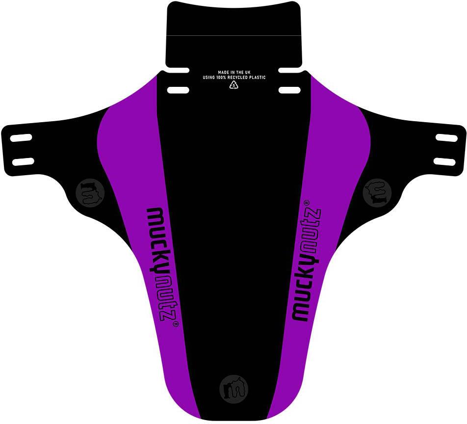 Purple and black Mucky Nutz Face Fender with logo, designed for bicycle mud protection, featuring adjustable straps.
