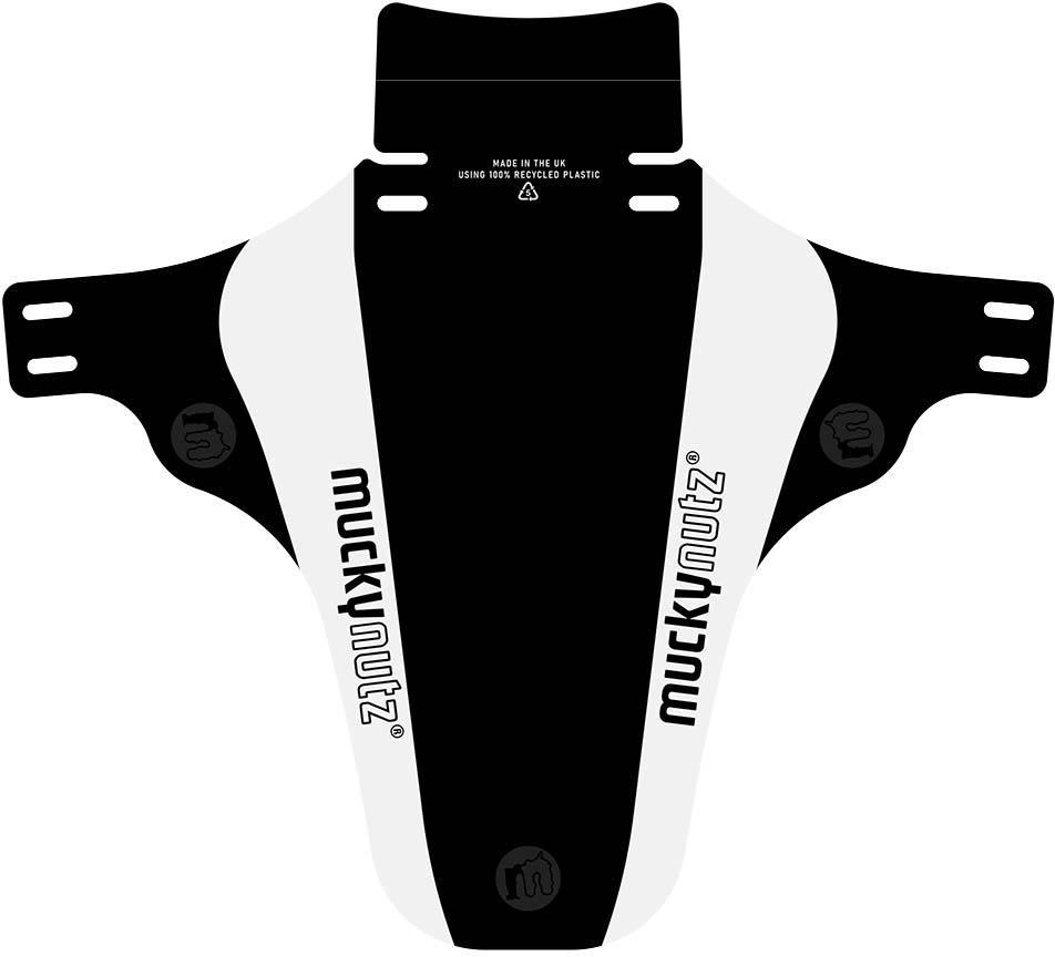 White and black Mucky Nutz Face Fender with logo, flexible plastic, and multiple mounting holes.