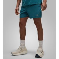Blue and grey polywoven New Balance men's sport shorts, knee-length with logo on left leg.