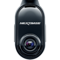 Compact black Nextbase dash cam with 2K resolution lens, WiFi, and GPS features, sleek oval design with logo.