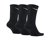 Black Nike Everyday Cushion Crew Socks, pack of 3, featuring ribbed cuffs and white swoosh logo near the top.
