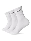 Three pairs of white Nike crew socks with black swoosh logo, ribbed cuffs, and lightweight fabric.