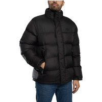Black Superdry non-hooded tech puffer jacket with high collar, quilted design, and zippered front.
