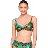 Non-padded balcony bikini top in vibrant jade and gold pattern with adjustable straps and underwire support.