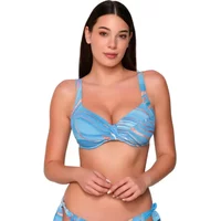 Blue and white striped non-padded balcony bikini top with adjustable straps and twist front detail by Luna Lana.
