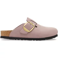 Pink nubuck leather Birkenstock Boston sandals with large gold buckle and cork sole.