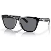 Oakley Frogskin sunglasses, polished black frame, grey lenses, classic design.