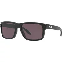 Matte black Oakley Holbrook sunglasses with square Prizm grey lenses and silver logo on the temples.