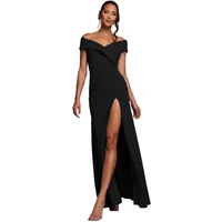 Black off-the-shoulder crepe split dress with a fitted silhouette and thigh-high slit by Goddiva.