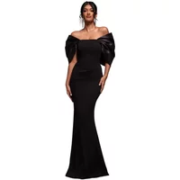 Off-the-shoulder black fitted dress with bow back, Goddiva Scuba, elegant long design and short sleeves.