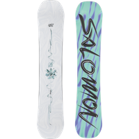 Salomon "Oh Yeah" snowboard with white top, floral design, and blue-green bottom with bold black logo.