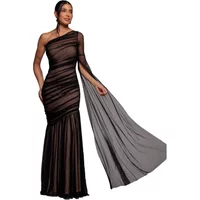 One-shoulder Goddiva Maxi dress, black with sheer gathered fabric and flowing cape detail.