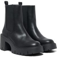 Black polyurethane heeled ankle boots with chunky sole and elastic side panels.