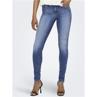 Mid-rise skinny jeans in medium blue denim with a faded wash, featuring a classic five-pocket style and button closure.