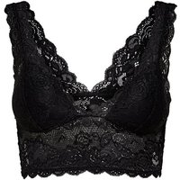 Black lace bralet with floral patterns, scalloped edges, and wide straps.