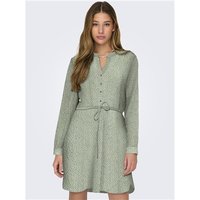 Green v-neck tunic with long sleeves, button front, and waist tie, in a lily pad pattern, size L.