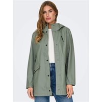 Agave green XL raincoat with hood, front buttons, and large pockets, worn by model over white top and jeans.