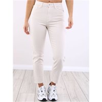 High waist straight jeans in stone ecru color, featuring a button closure and ankle-length cut.