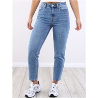 Denim ankle-length straight fit jeans with high waist, button closure, and five-pocket design.